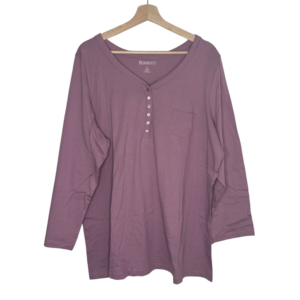 Roaman's Womens 1X Purple Cotton Long Sleeve Henley‎ T-Shirt Pocket Top 22/24